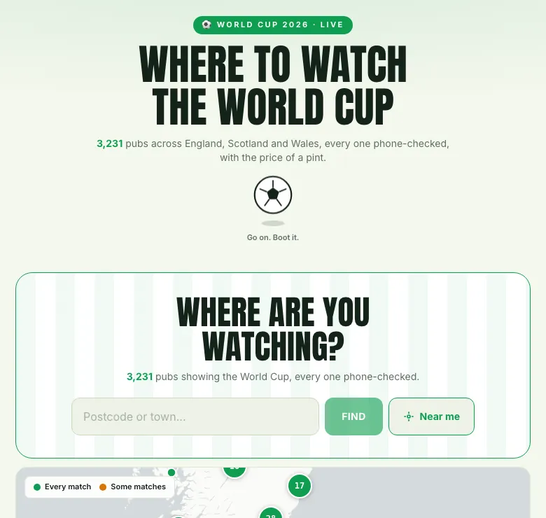 The World Cup Index at guinndex.co.uk/worldcup: a postcode search over pubs showing the World Cup, every one phone-checked, with a map of Britain pinned by count and a live feed of contributions.